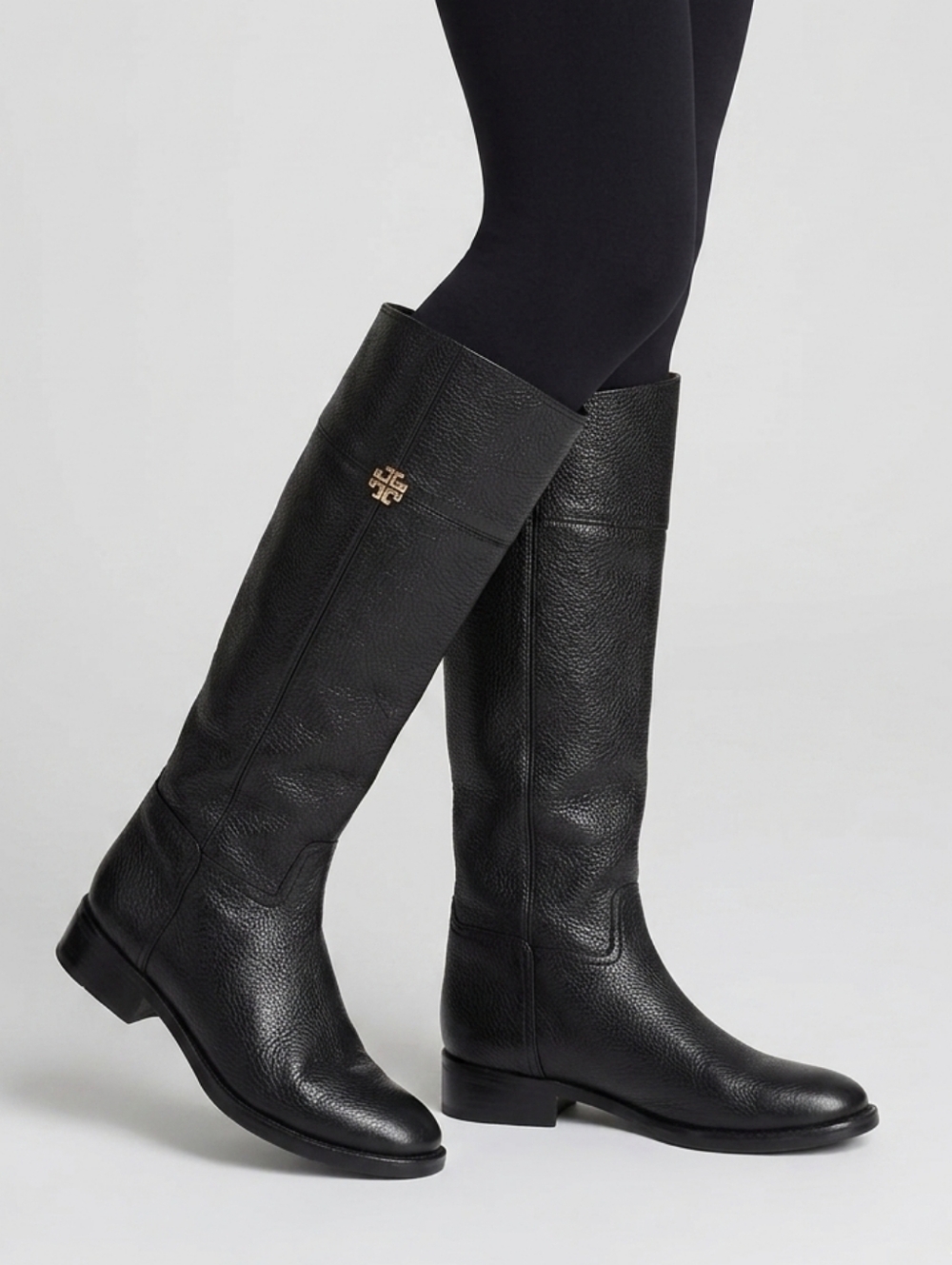 Tory Burch Black Pebbled Leather Knee-High Riding Boots Gold Logo Size 5M